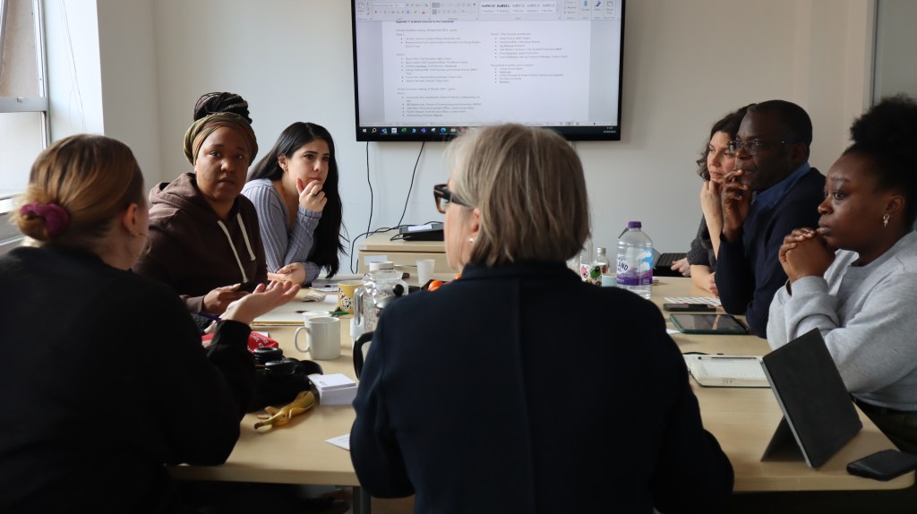 Caroline Russell is seated at the centre of a table, with her back turned toward the camera, in discussion of Project ADDER policing